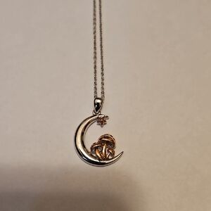 Silver and Gold Crescent Moon & Mushroom Necklace